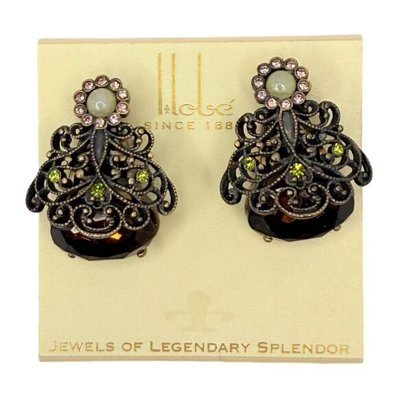 Hobe Crystal Filagree Clip On Earrings 2" Signed Legendary Splendor Jewels - Picture 3 of 15